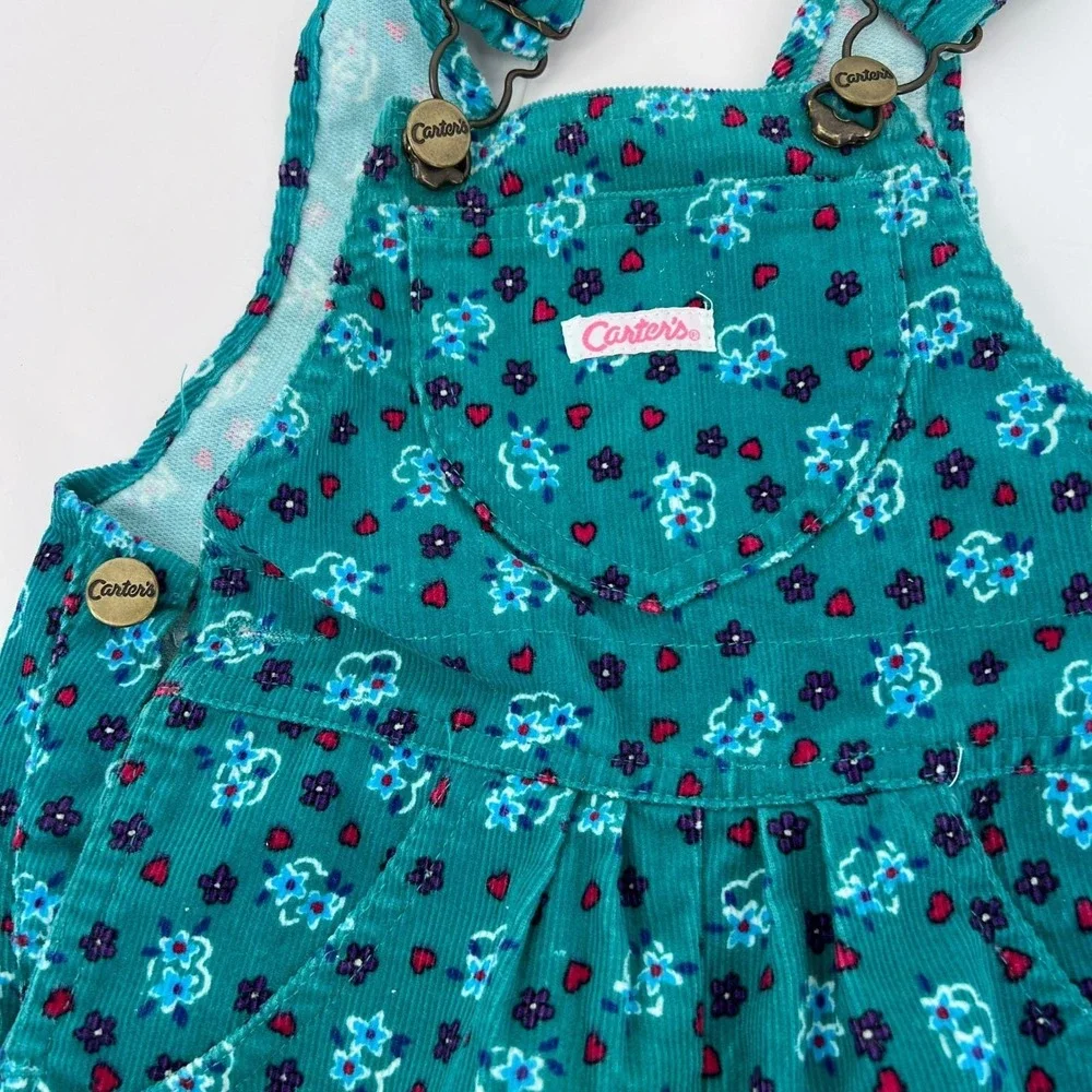 Vintage 90s Carters Toddler Girls Teal‎ Floral Corduroy Overalls Heart Print 24M